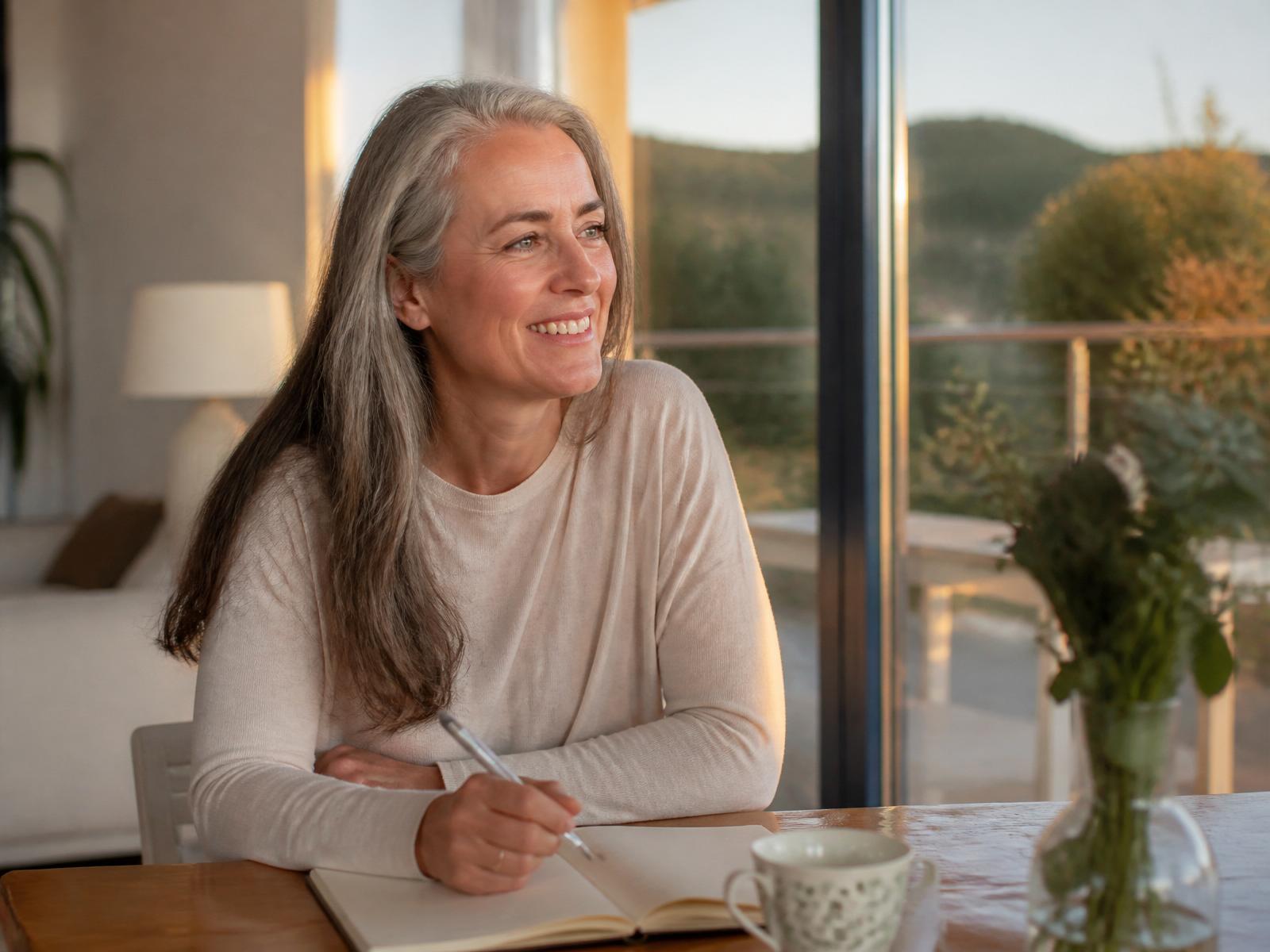 Woman in her 50s with a warm cup of tea by a sunlit window, representing menopause hormone therapy care