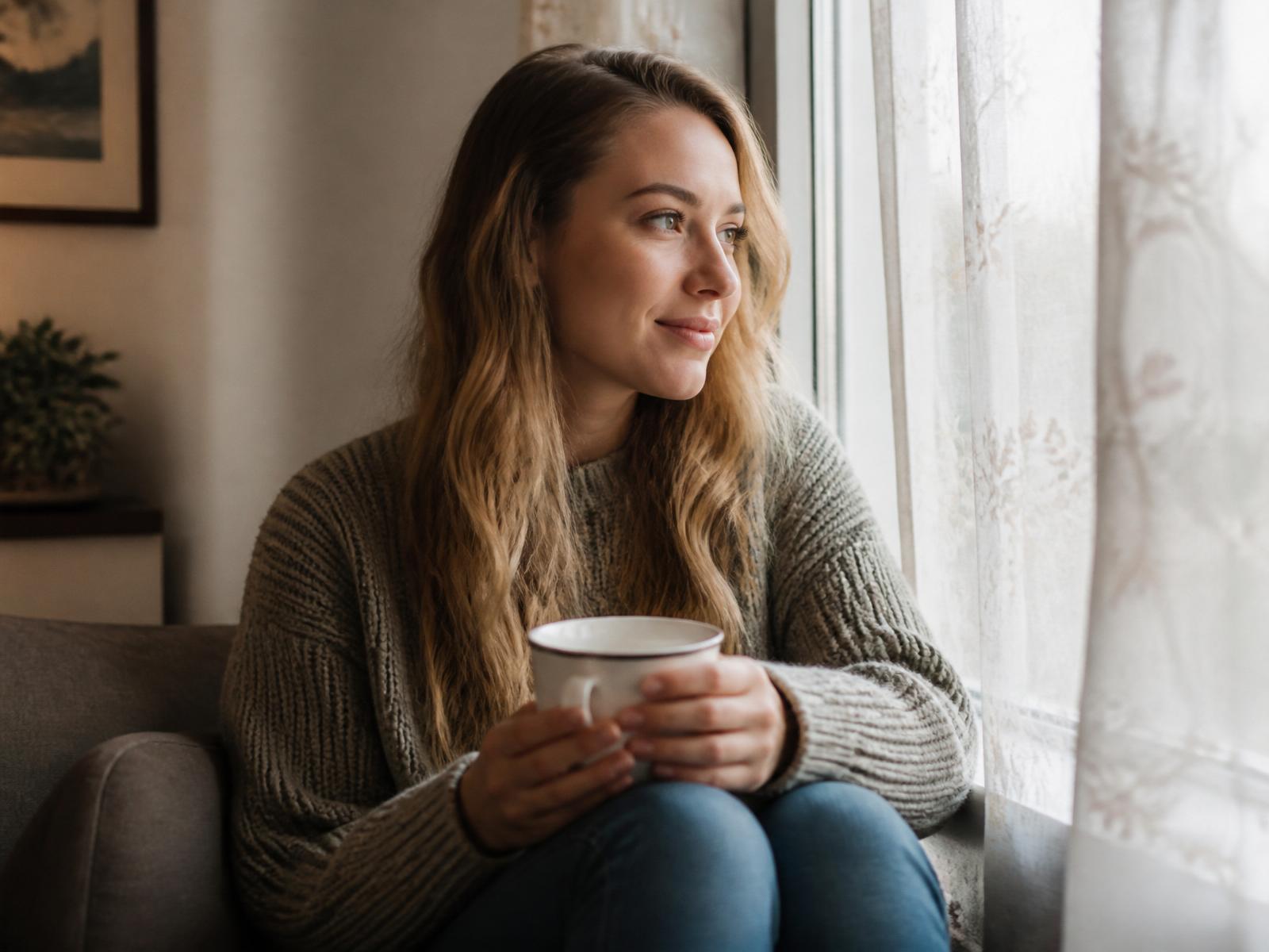 Woman relaxing on a cozy couch with tea and a knit blanket, representing supportive virtual mental health care
