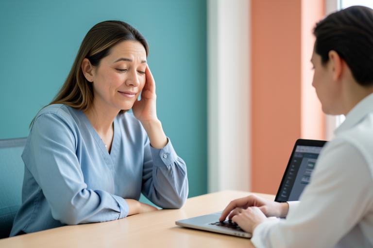 Patient discussing migraine symptoms with a clinician