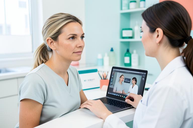 Patient consulting a clinician about a personalized skin-care plan